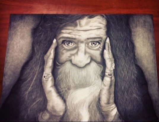 an old man with rings, a beard, and wrinkles that tell a tale drawn in charcoal