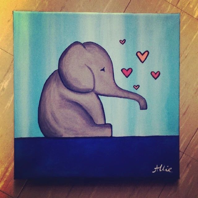 elephant with hearts and a blue background in acrylic