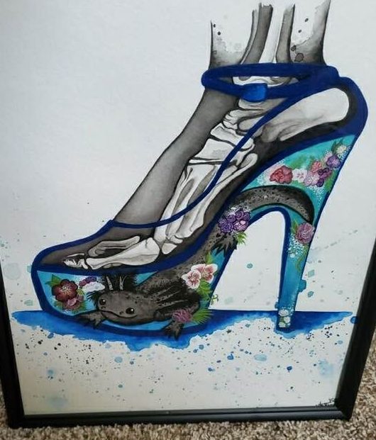 an anatomical or xray looking foot in a high heel that is an aquarium housing an axolotl painted in watercolor